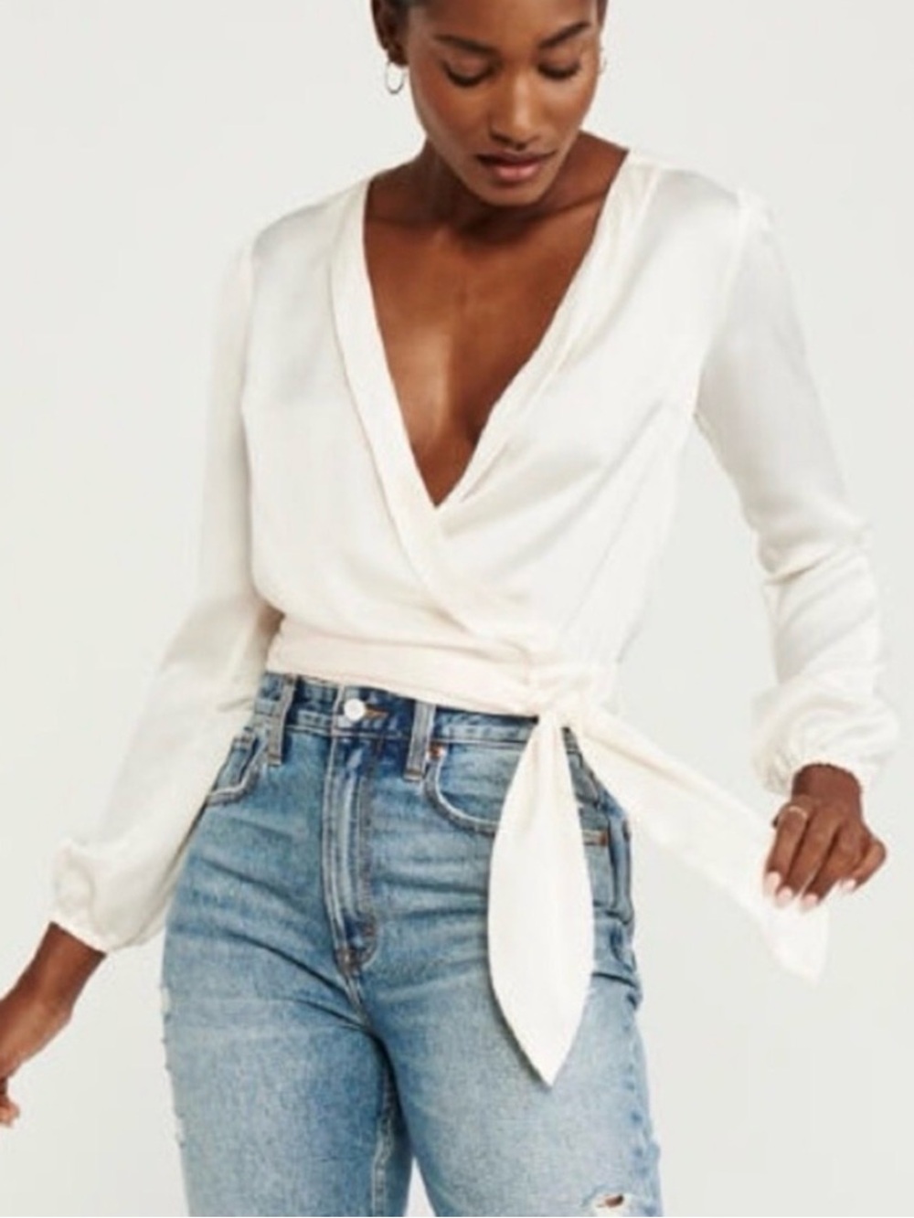 Abercrombie & Fitch Ivory Wrap V-Neck Tie Blouse